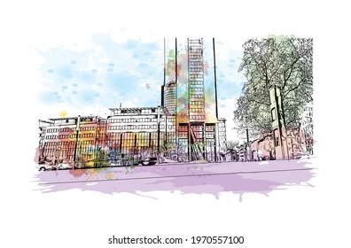 Building view with landmark of Essen is a city in western Germany. Watercolor splash with hand drawn sketch illustration in vector.