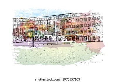 Building view with landmark of Essen is a city in western Germany. Watercolor splash with hand drawn sketch illustration in vector.