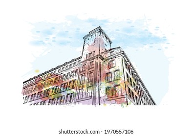 Building view with landmark of Essen is a city in western Germany. Watercolor splash with hand drawn sketch illustration in vector.