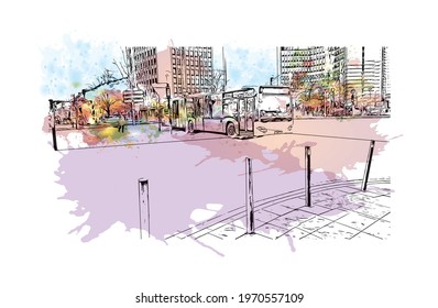 Building view with landmark of Essen is a city in western Germany. Watercolor splash with hand drawn sketch illustration in vector.