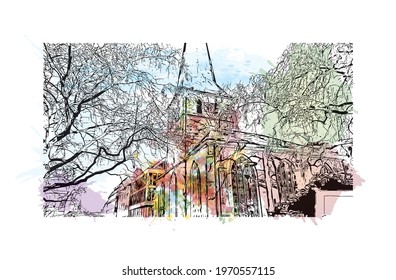 Building view with landmark of Essen is a city in western Germany. Watercolor splash with hand drawn sketch illustration in vector.