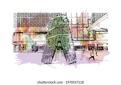 Building view with landmark of Essen is a city in western Germany. Watercolor splash with hand drawn sketch illustration in vector.