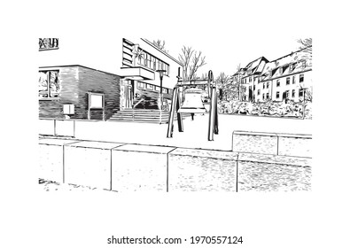 Building view with landmark of Essen is a city in western Germany. Hand drawn sketch illustration in vector.