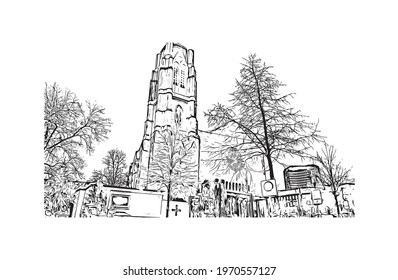 Building view with landmark of Essen is a city in western Germany. Hand drawn sketch illustration in vector.