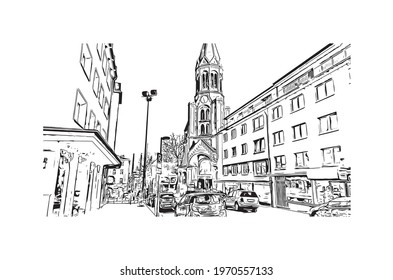 Building view with landmark of Essen is a city in western Germany. Hand drawn sketch illustration in vector.