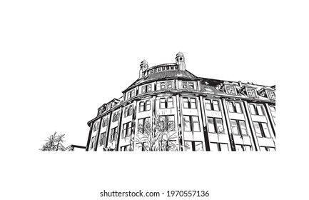 Building view with landmark of Essen is a city in western Germany. Hand drawn sketch illustration in vector.