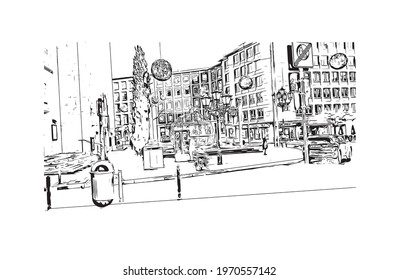 Building view with landmark of Essen is a city in western Germany. Hand drawn sketch illustration in vector.