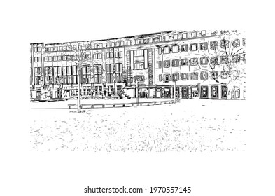 Building view with landmark of Essen is a city in western Germany. Hand drawn sketch illustration in vector.