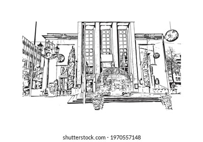 Building view with landmark of Essen is a city in western Germany. Hand drawn sketch illustration in vector.