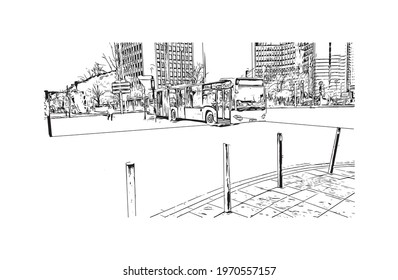 Building view with landmark of Essen is a city in western Germany. Hand drawn sketch illustration in vector.