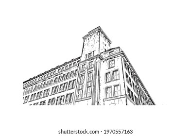 Building view with landmark of Essen is a city in western Germany. Hand drawn sketch illustration in vector.