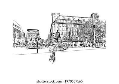 Building view with landmark of Essen is a city in western Germany. Hand drawn sketch illustration in vector.