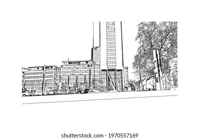 Building view with landmark of Essen is a city in western Germany. Hand drawn sketch illustration in vector.