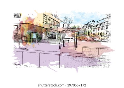 Building view with landmark of Essen is a city in western Germany. Watercolor splash with hand drawn sketch illustration in vector.