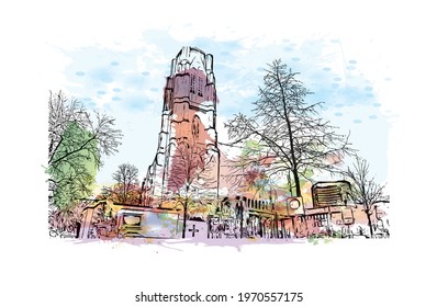 Building view with landmark of Essen is a city in western Germany. Watercolor splash with hand drawn sketch illustration in vector.