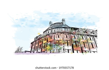 Building view with landmark of Essen is a city in western Germany. Watercolor splash with hand drawn sketch illustration in vector.