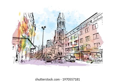 Building view with landmark of Essen is a city in western Germany. Watercolor splash with hand drawn sketch illustration in vector.