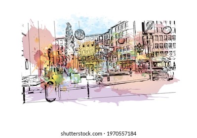 Building view with landmark of Essen is a city in western Germany. Watercolor splash with hand drawn sketch illustration in vector.