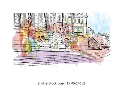 Building view with landmark of Essen is a city in western Germany. watercolour splash with hand drawn sketch illustration in vector.