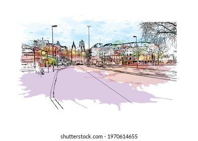 Building view with landmark of Essen is a city in western Germany. watercolour splash with hand drawn sketch illustration in vector.