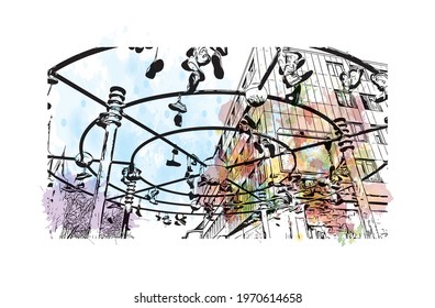 Building view with landmark of Essen is a city in western Germany. watercolour splash with hand drawn sketch illustration in vector.