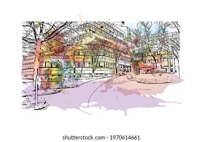 Building view with landmark of Essen is a city in western Germany. watercolour splash with hand drawn sketch illustration in vector.