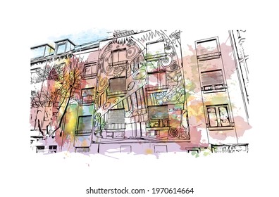 Building view with landmark of Essen is a city in western Germany. watercolour splash with hand drawn sketch illustration in vector.