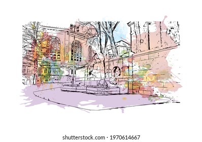 Building view with landmark of Essen is a city in western Germany. watercolour splash with hand drawn sketch illustration in vector.