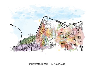 Building view with landmark of Essen is a city in western Germany. watercolour splash with hand drawn sketch illustration in vector.