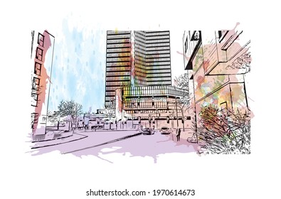 Building view with landmark of Essen is a city in western Germany. watercolour splash with hand drawn sketch illustration in vector.