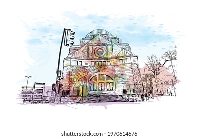 Building view with landmark of Essen is a city in western Germany. watercolour splash with hand drawn sketch illustration in vector.