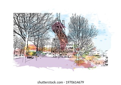 Building view with landmark of Essen is a city in western Germany. watercolour splash with hand drawn sketch illustration in vector.