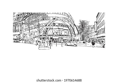 Building view with landmark of Essen is a city in western Germany. Hand drawn sketch illustration in vector.