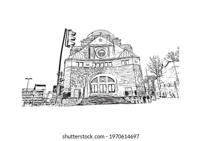 Building view with landmark of Essen is a city in western Germany. Hand drawn sketch illustration in vector.