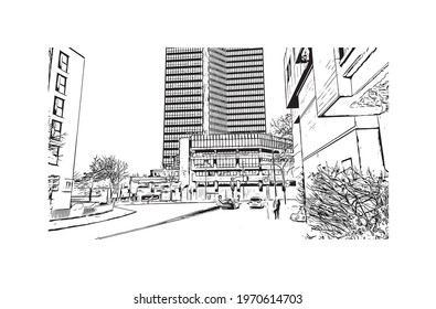 Building view with landmark of Essen is a city in western Germany. Hand drawn sketch illustration in vector.