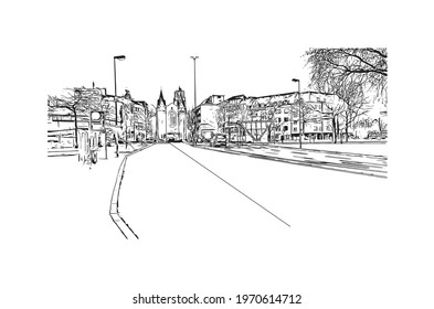 Building view with landmark of Essen is a city in western Germany. Hand drawn sketch illustration in vector.