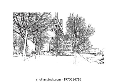 Building view with landmark of Essen is a city in western Germany. Hand drawn sketch illustration in vector.