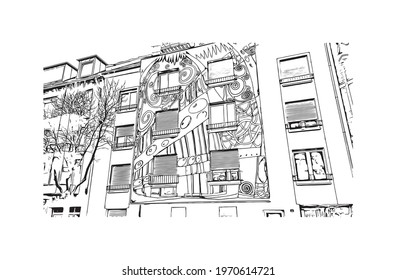 Building view with landmark of Essen is a city in western Germany. Hand drawn sketch illustration in vector.