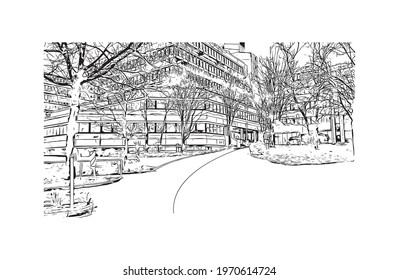 Building view with landmark of Essen is a city in western Germany. Hand drawn sketch illustration in vector.