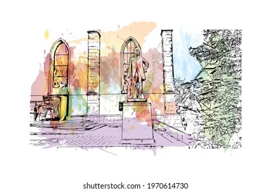 Building view with landmark of Essen is a city in western Germany. watercolour splash with hand drawn sketch illustration in vector.