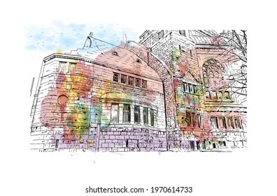 Building view with landmark of Essen is a city in western Germany. watercolour splash with hand drawn sketch illustration in vector.