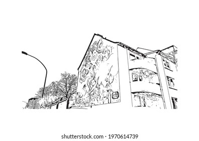 Building view with landmark of Essen is a city in western Germany. Hand drawn sketch illustration in vector.