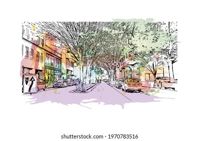 Building view with landmark of Eugene is a city in Oregon. Watercolor splash with hand drawn sketch illustration in vector.