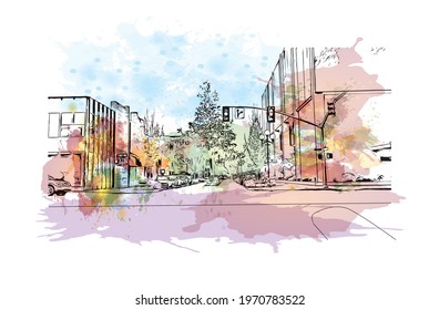 Building view with landmark of Eugene is a city in Oregon. Watercolor splash with hand drawn sketch illustration in vector.