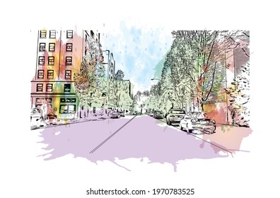 Building view with landmark of Eugene is a city in Oregon. Watercolor splash with hand drawn sketch illustration in vector.