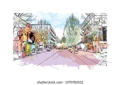 Building view with landmark of Eugene is a city in Oregon. Watercolor splash with hand drawn sketch illustration in vector.