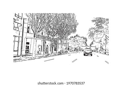 Building view with landmark of Eugene is a city in Oregon. Hand drawn sketch illustration in vector.