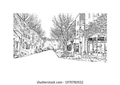 Building view with landmark of Eugene is a city in Oregon. Hand drawn sketch illustration in vector.