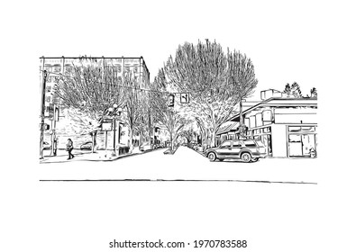 Building view with landmark of Eugene is a city in Oregon. Hand drawn sketch illustration in vector.