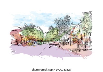 Building view with landmark of Eugene is a city in Oregon. Watercolor splash with hand drawn sketch illustration in vector.